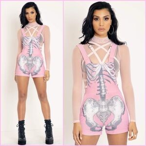 Black Milk Ribs Pink Short Overalls XS NWT Skeleton Heart Goth
